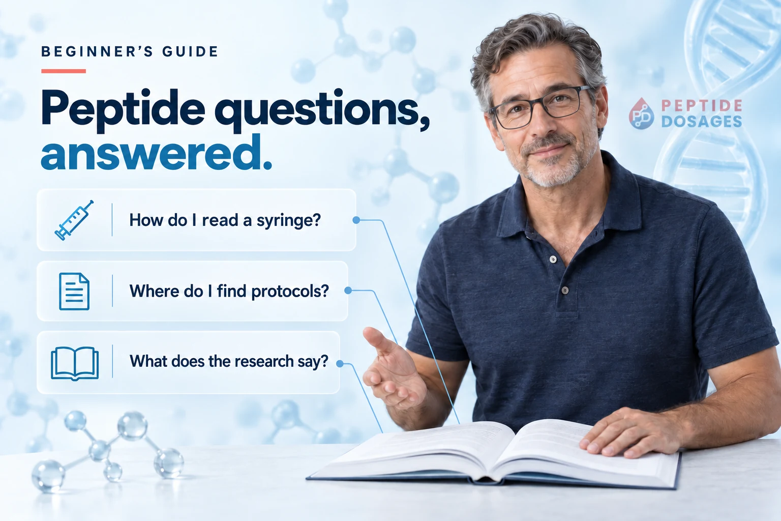 Peptide questions, answered: how do I read a syringe, where do I find protocols, and what does the research say? Peptide Dosages beginner guide.