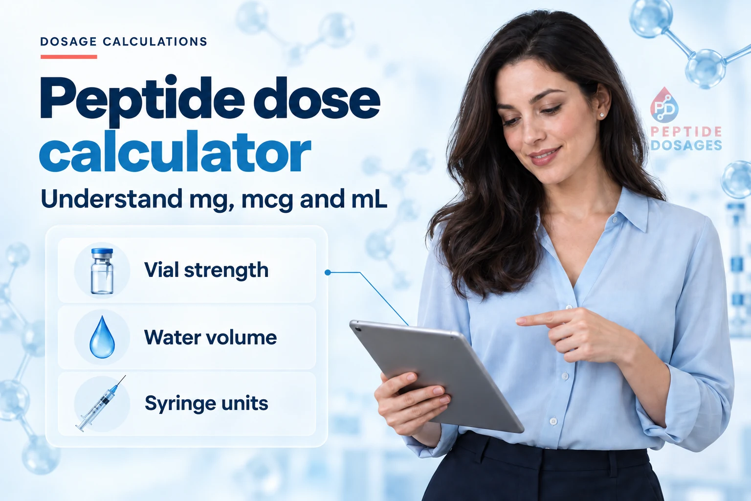 Peptide dose calculator: understand mg, mcg and mL, vial strength, water volume and syringe units. Peptide Dosages.