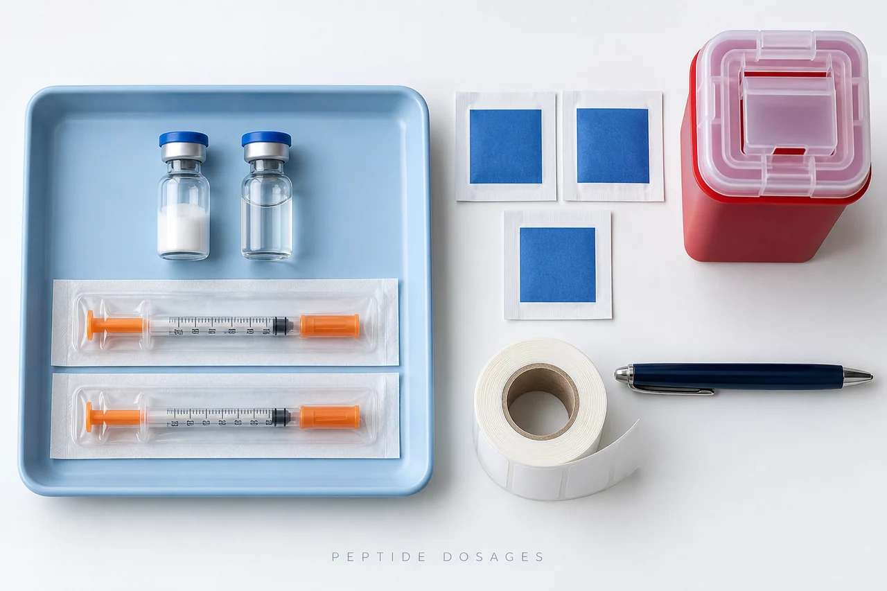 Two small sealed vials, wrapped capped syringes, sealed prep packets, blank labels, a pen and a closed sharps container.