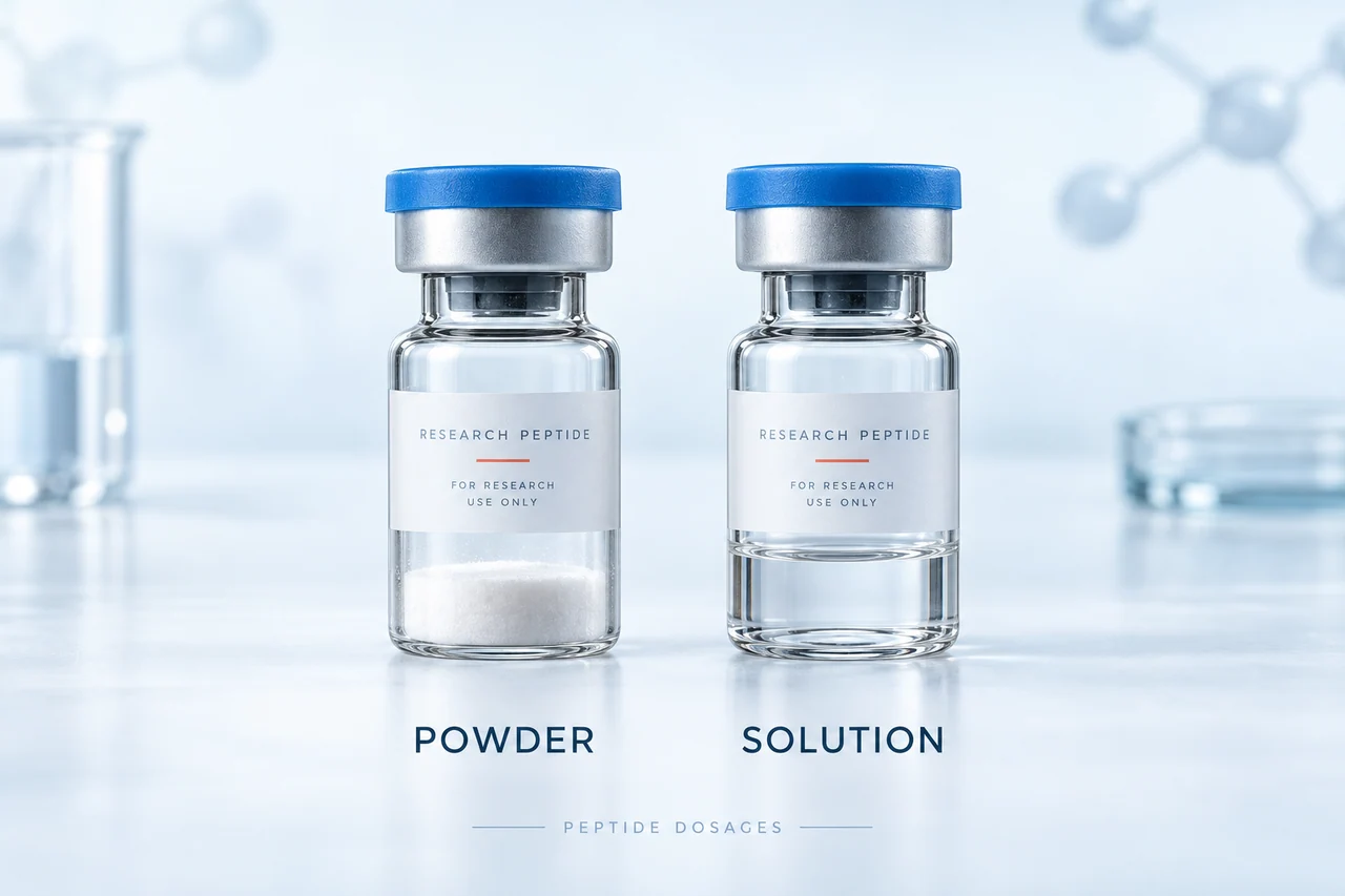 Two illustrative research vials showing powder and a clear solution.