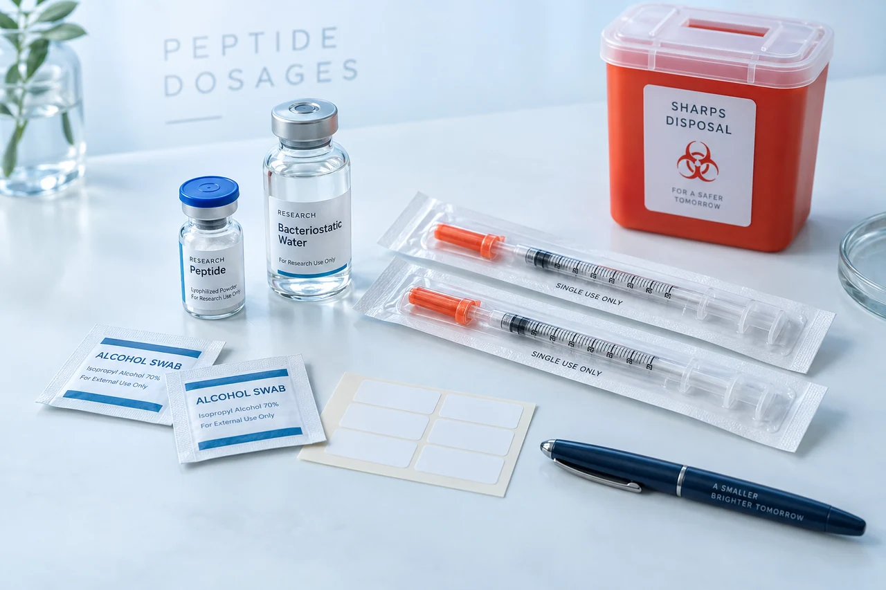 Illustrative research supplies: vials, wrapped capped syringes, sealed alcohol swabs, labels, a pen, and a closed sharps container.