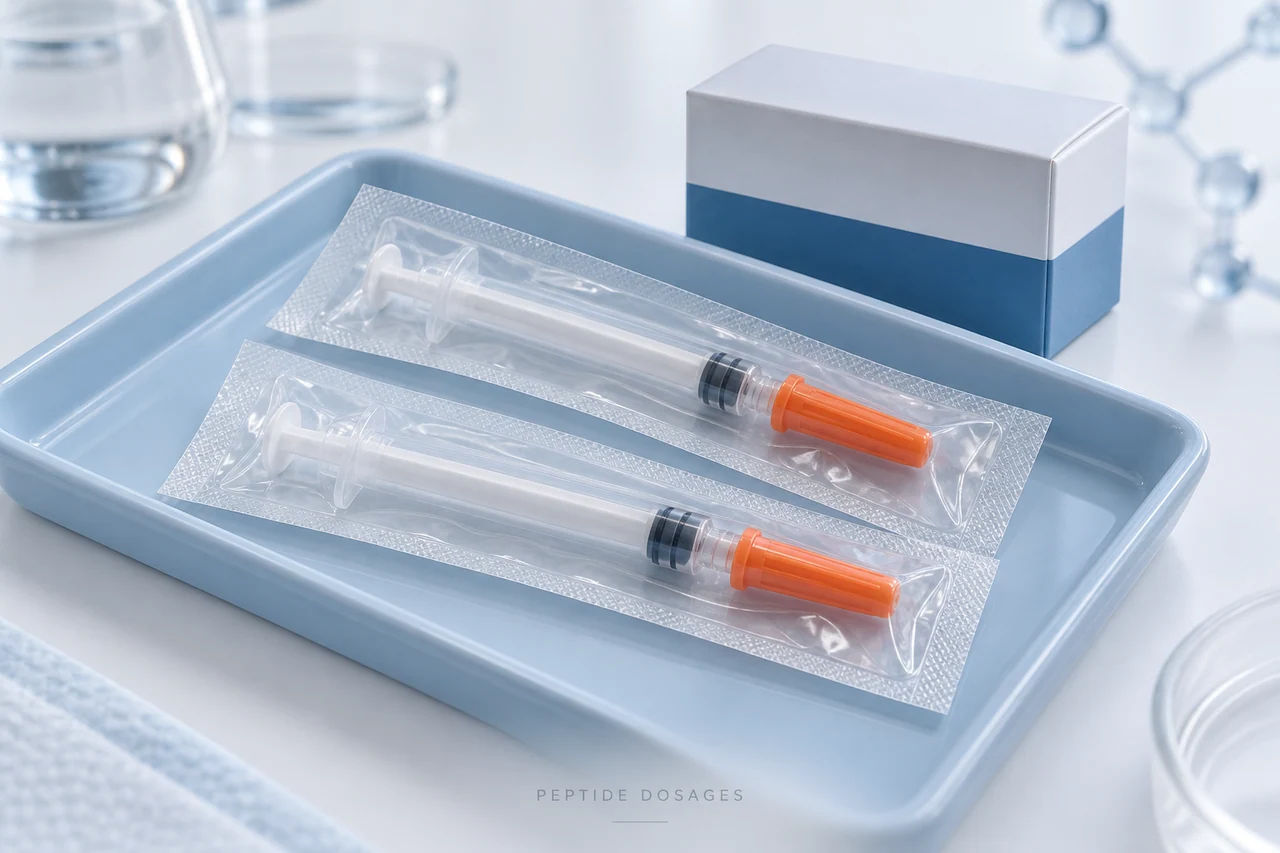Two individually wrapped, capped syringes on a pale-blue tray.