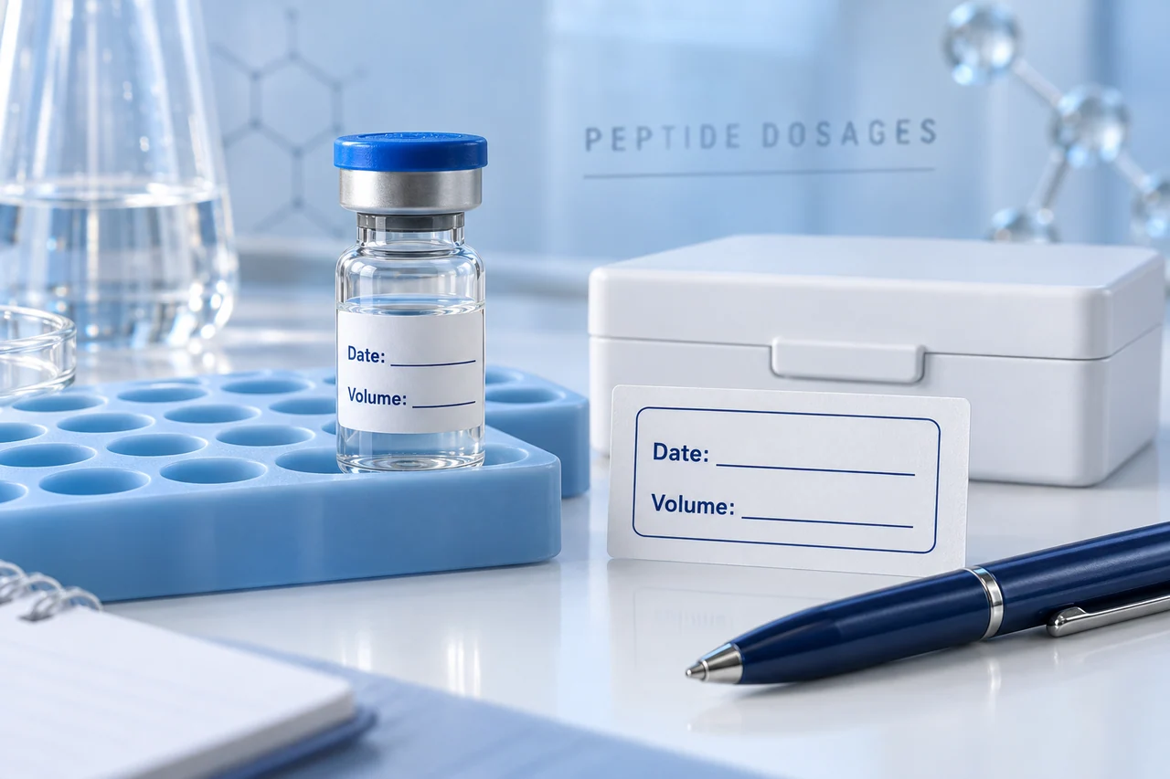 A vial and a separate blank label template with fields for date and volume.