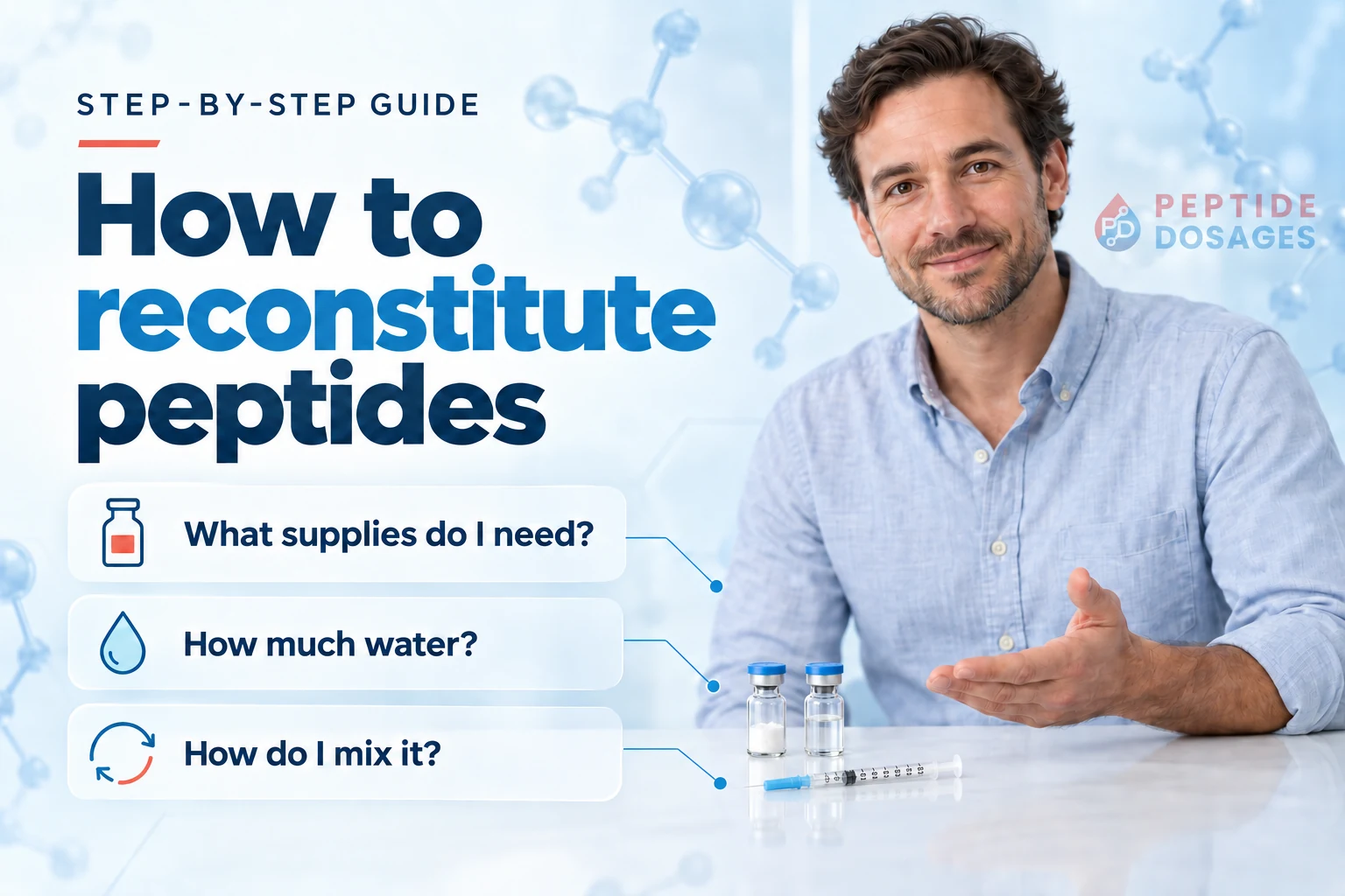 How to reconstitute peptides: what supplies do I need, how much water, and how do I mix it? Step-by-step guide from Peptide Dosages.