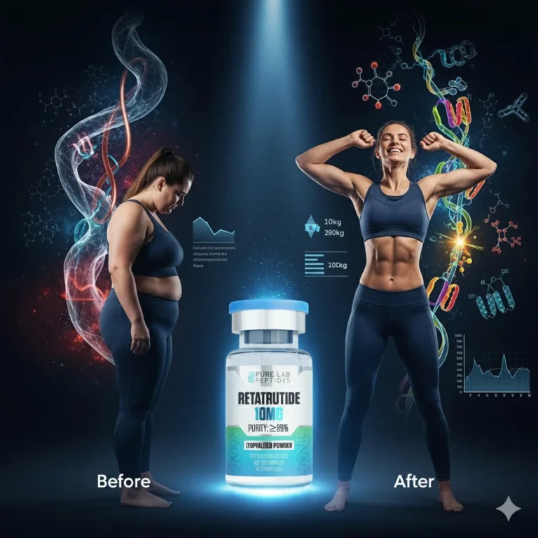 Before-and-after style fitness ad showing a central vial labeled “RETATRUTIDE 10MG” by Pure Lab Peptides, flanked by a woman in dark activewear looking down on the left and a flexing, muscular woman on the right, with colorful DNA graphics, icons, and charts in the background labeled “Before” and “After.”