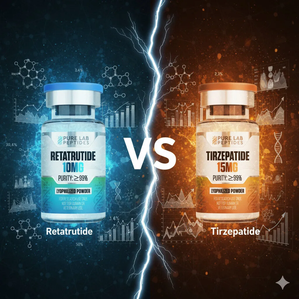 Side-by-side comparison graphic showing Pure Lab Peptides vials—Retatrutide 10 mg (blue) vs Tirzepatide 15 mg (orange)—with “Purity ≥99%” and “Lyophilized Powder” labels, divided by a lightning bolt and overlaid with scientific charts.