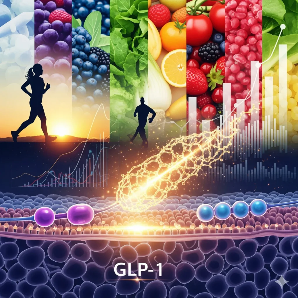 Conceptual collage illustrating GLP‑1, with runners at sunrise, colorful fruits and vegetables, rising charts, and glowing molecular structures over a cell membrane to suggest hormone signaling, metabolism, and healthy lifestyle.