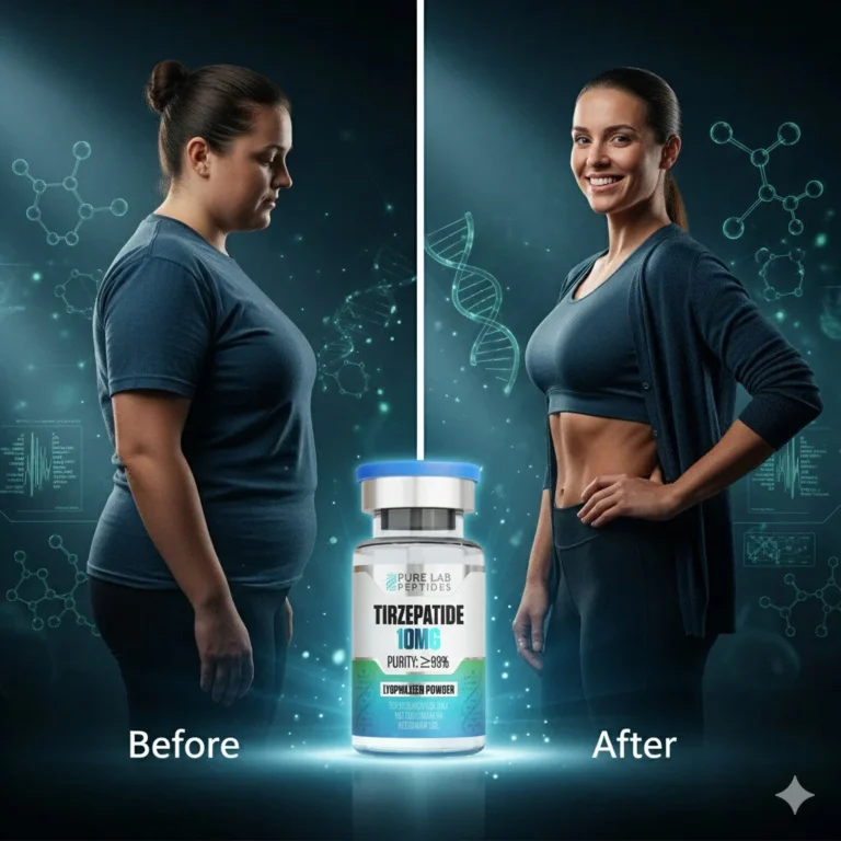 Split-screen “Before” and “After” comparison showing a woman from side view to a slimmer, smiling pose, with a glowing vial labeled “Pure Lab Peptides Tirzepatide 10mg” centered between them against a techy background of DNA and molecular graphics.