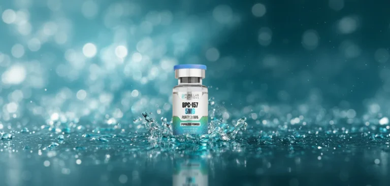 Blue-capped vial labeled “BPC-157 5mg” from Pure Lab Peptides (purity ≥99%) centered with water splashing around it against a teal bokeh background.