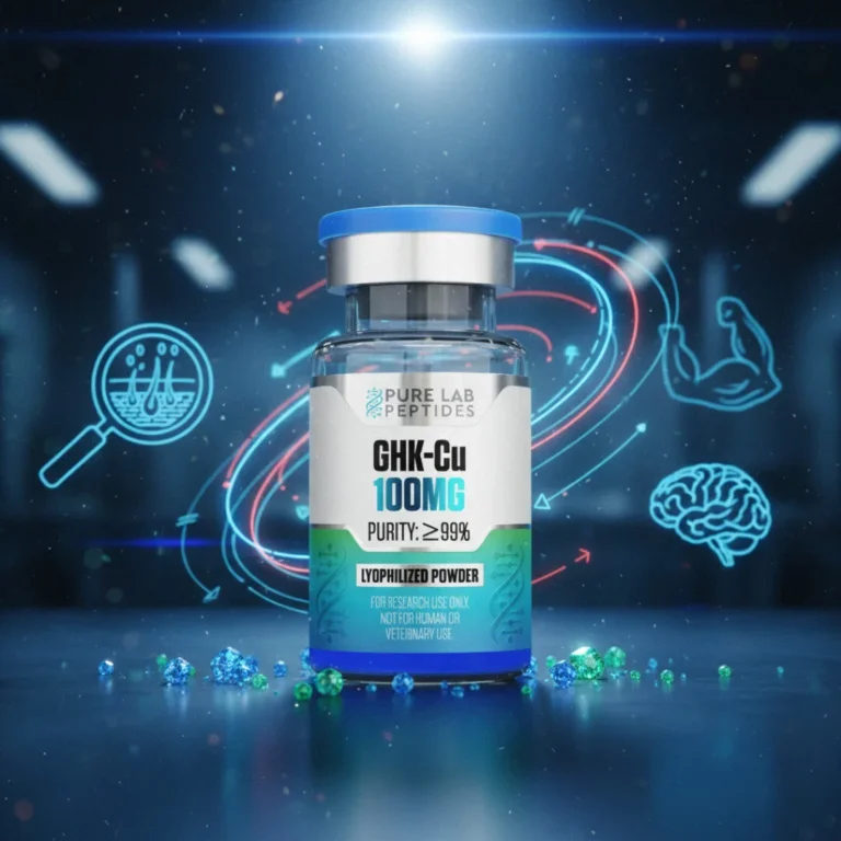 A labeled vial of Pure Lab Peptides GHK‑Cu 100 mg lyophilized powder (purity ≥99%, for research use only) with a blue cap stands amid scattered crystals against a lab-themed backdrop featuring neon icons of a hair follicle, flexed arm, and brain.