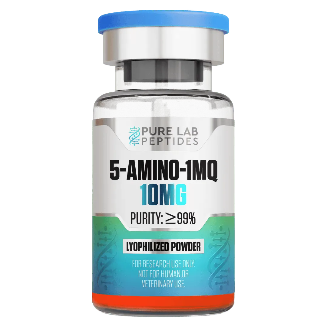 5-Aminio-1MQ-10mg research peptide vial with dosage and benefit information