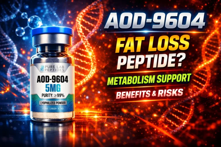 AOD research peptide vial with dosage and benefit information