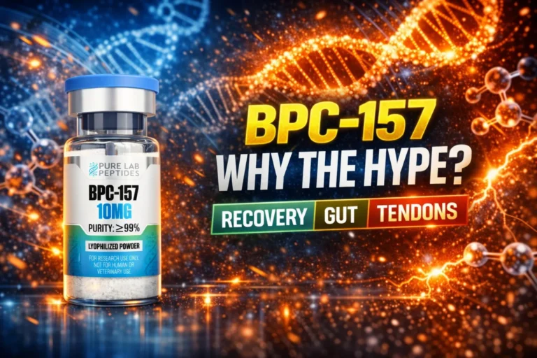 BPC-157 research peptide vial with dosage and benefit information