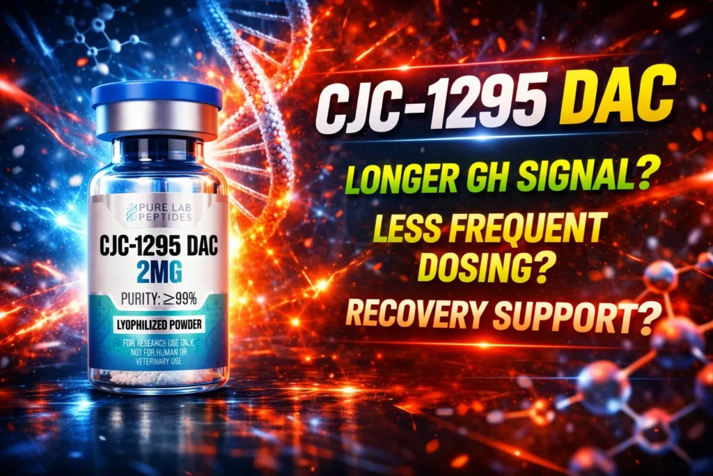 CJC-1295 DAC research peptide vial with dosage and benefit information