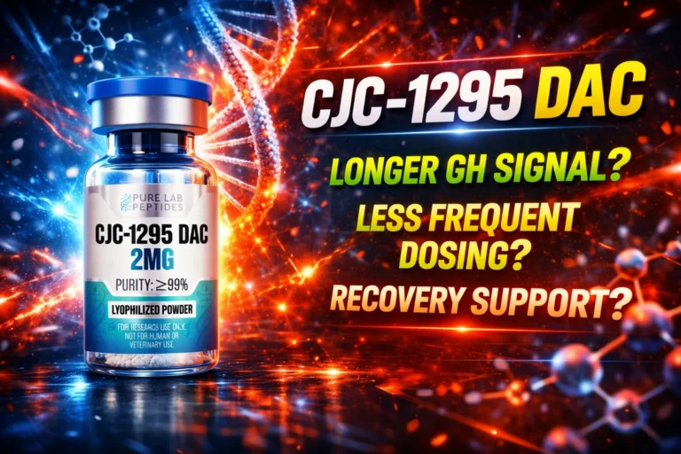 CJC-1295 DAC research peptide vial with dosage and benefit information
