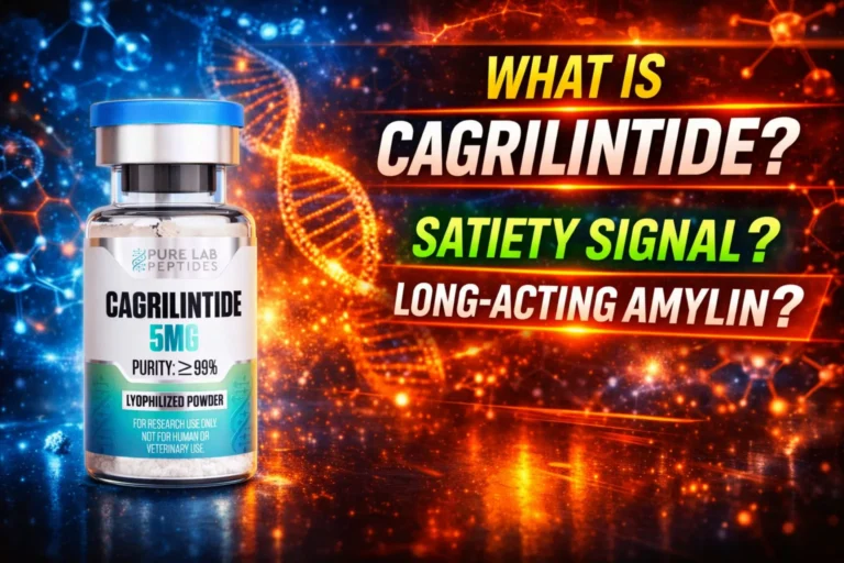 Cagrilintide research peptide vial with dosage and benefit information