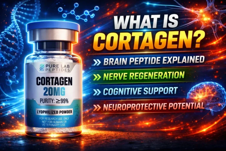 Cortagen research peptide vial with dosage and benefit information