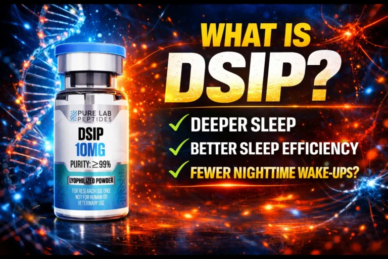 DSIP research peptide vial with dosage and benefit information