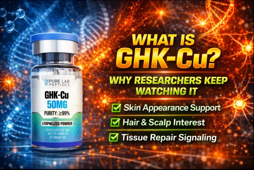 GHK-Cu research peptide vial with dosage and benefit information