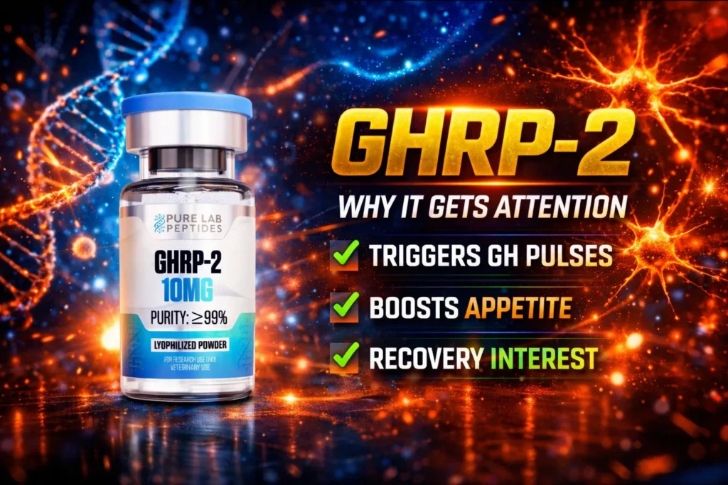 GHRP-2 research peptide vial with dosage and benefit information
