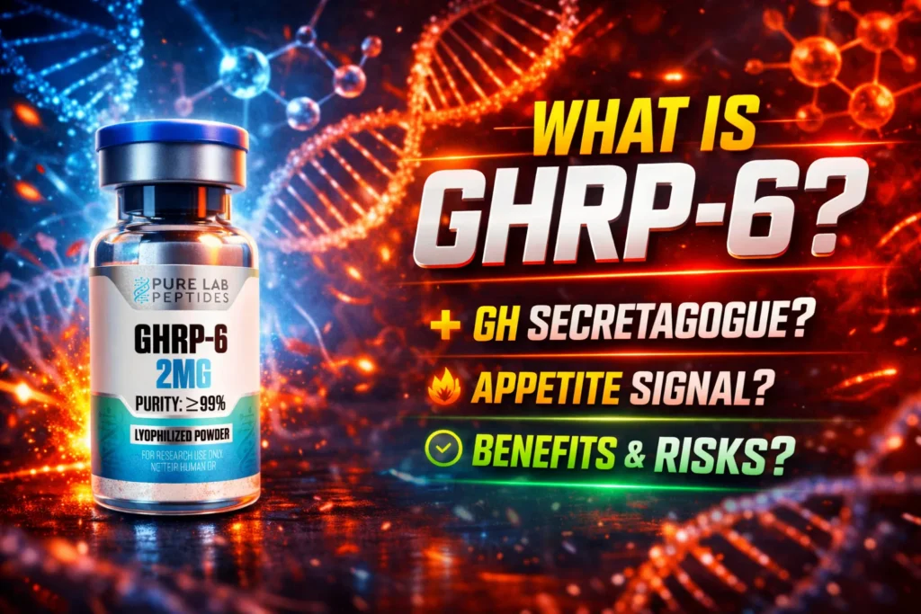 GHRP-6 research peptide vial with dosage and benefit information