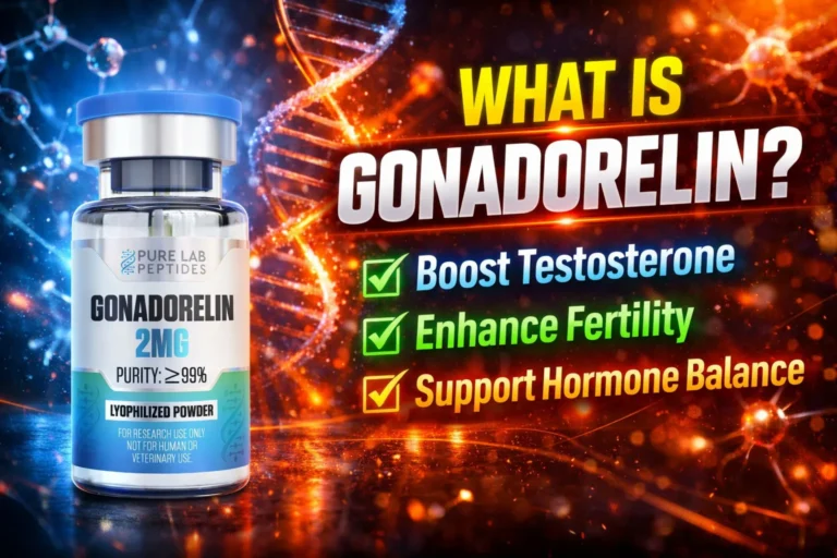 Gonadorelin research peptide vial with dosage and benefit information