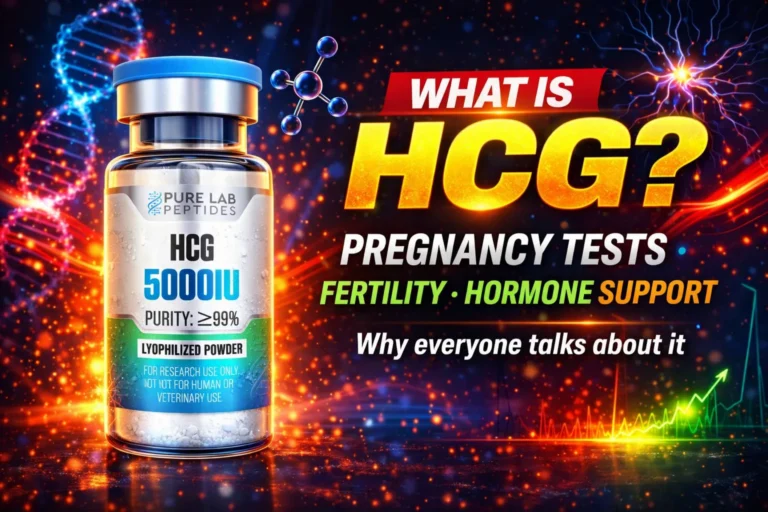 HCG research peptide vial with dosage and benefit information