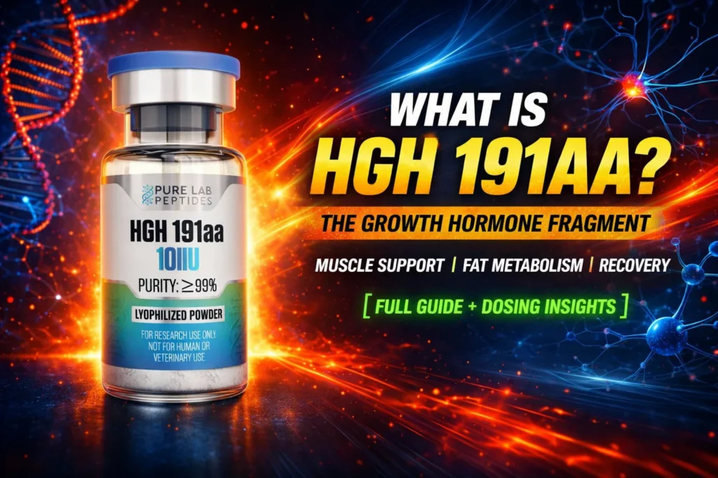 HGH 191aa research peptide vial with dosage and benefit information