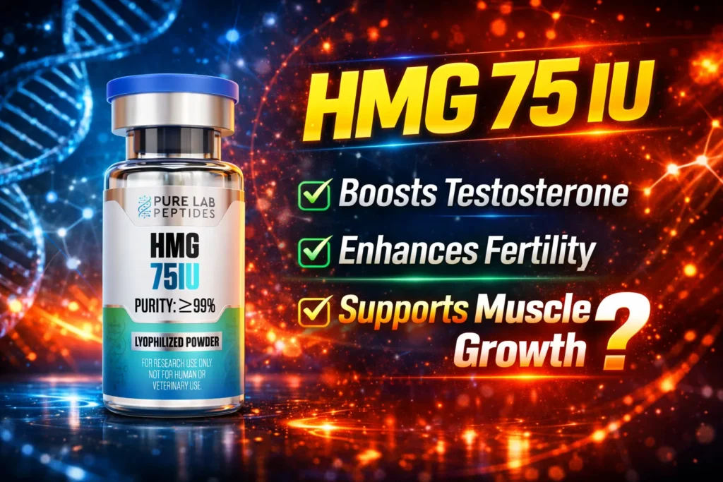 HMG research peptide vial with dosage and benefit information