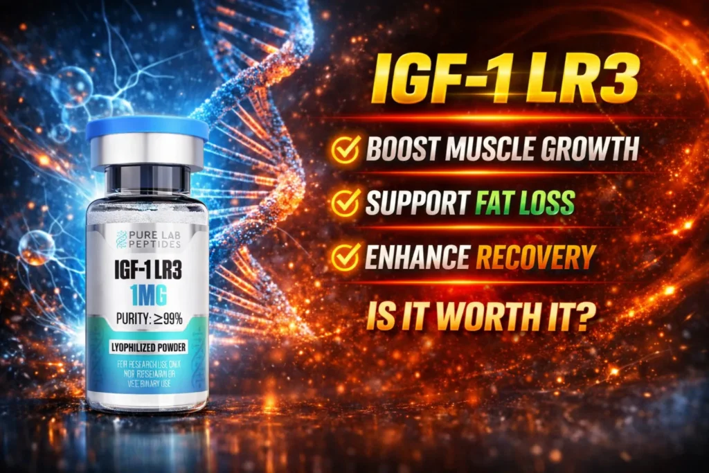 IGF-1 LR3 research peptide vial with dosage and benefit information