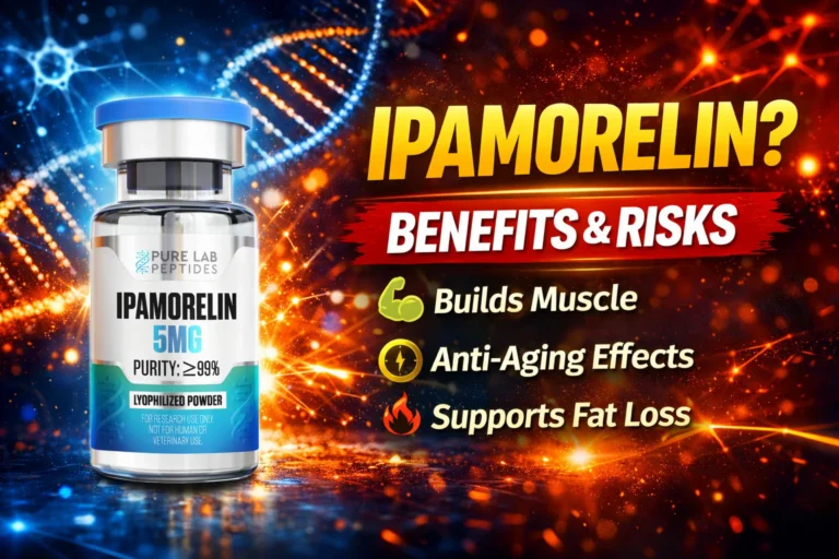 Ipamorelin research peptide vial with dosage and benefit information