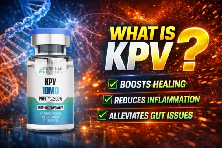 KPV research peptide vial with dosage and benefit information