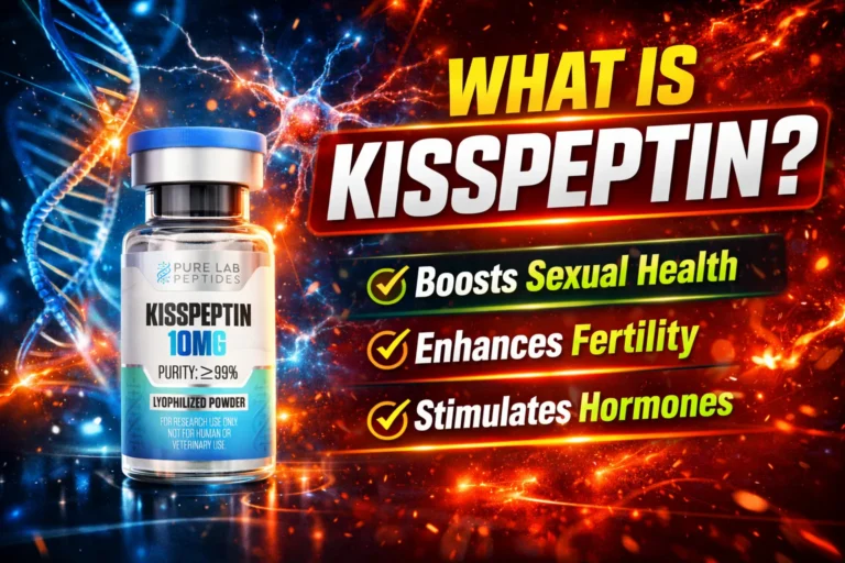 Kisspeptin research peptide vial with dosage and benefit information