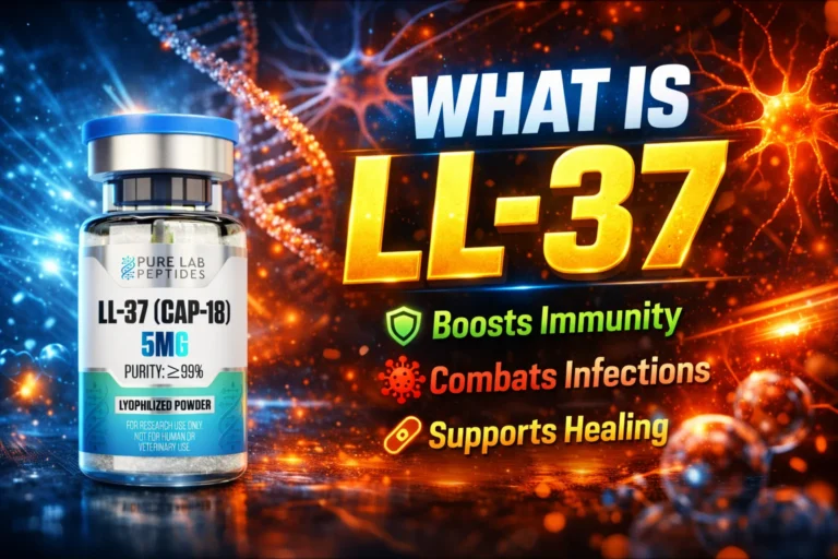 LL-37 research peptide vial with dosage and benefit information