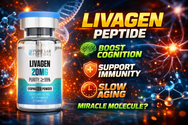 Livagen research peptide vial with dosage and benefit information