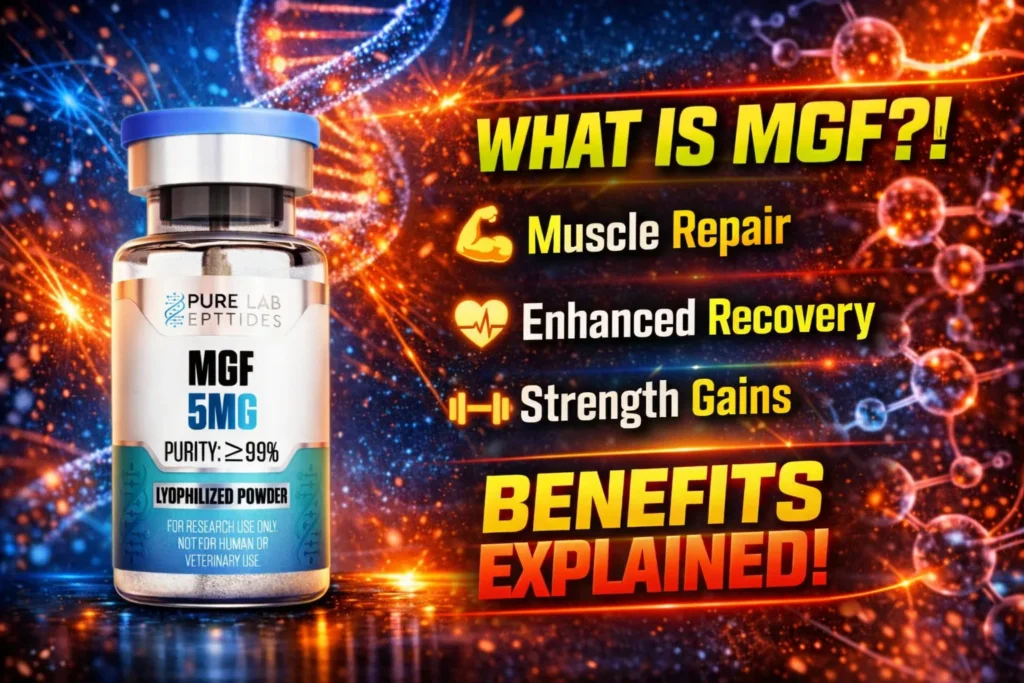 MGF research peptide vial with dosage and benefit information