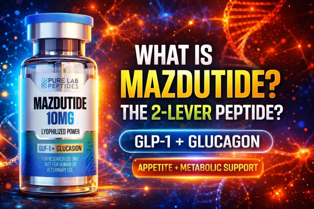 Mazdutide research peptide vial with dosage and benefit information