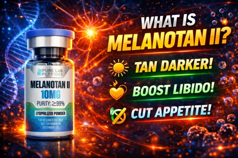 Melanotan II research peptide vial with dosage and benefit information