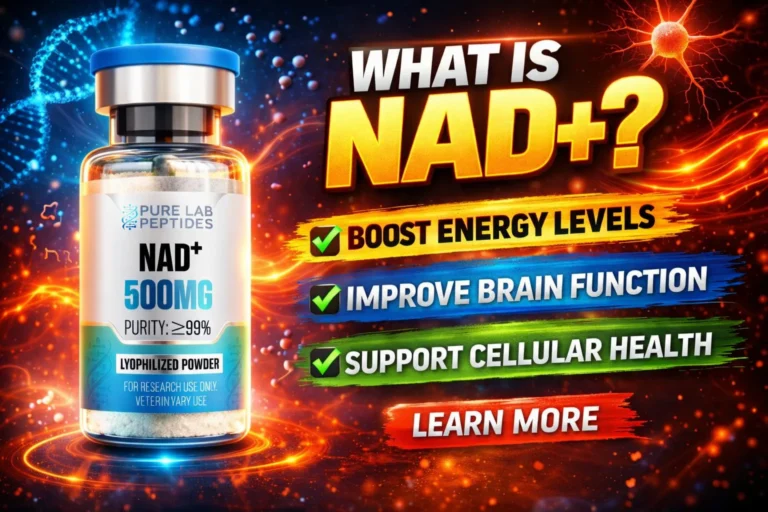 NAD+ research peptide vial with dosage and benefit information