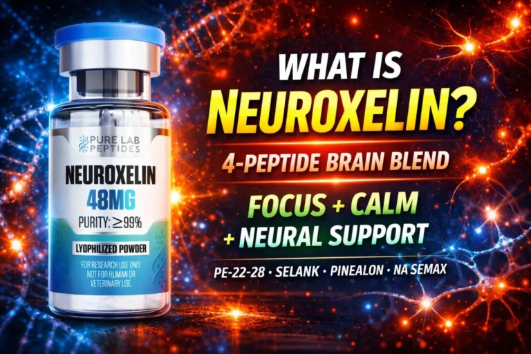 Neuroxelin research peptide vial with dosage and benefit information