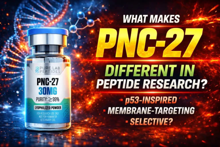 PNC-27 research peptide vial with dosage and benefit information