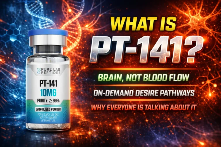 PT-141 research peptide vial with dosage and benefit information