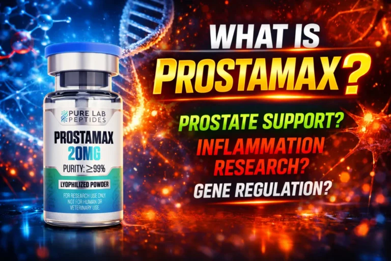 Prostamax research peptide vial with dosage and benefit information