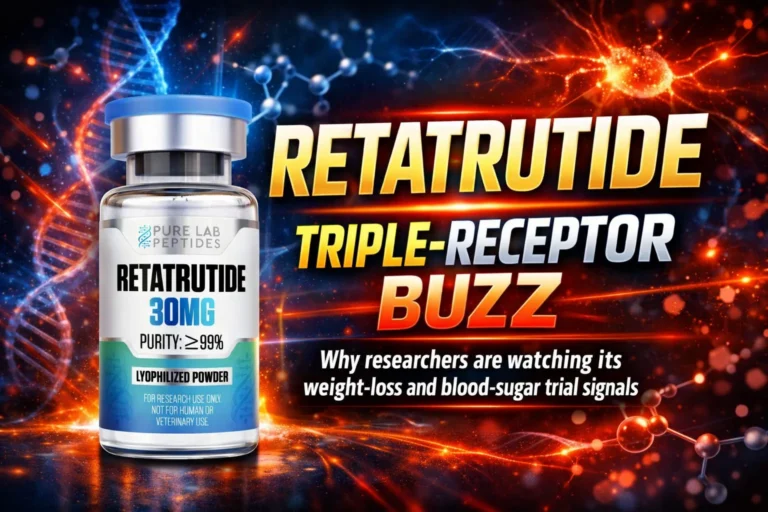 Retatrutide research peptide vial with dosage and benefit information