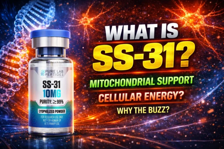 SS-31 research peptide vial with dosage and benefit information