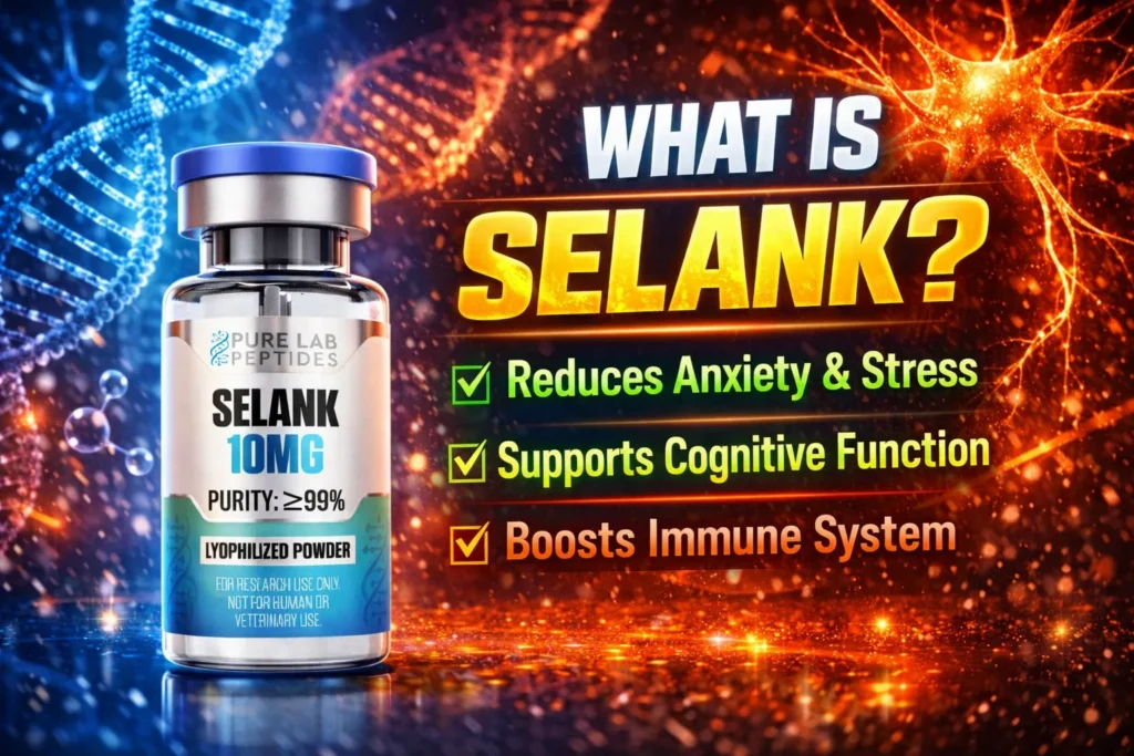 Selank research peptide vial with dosage and benefit information