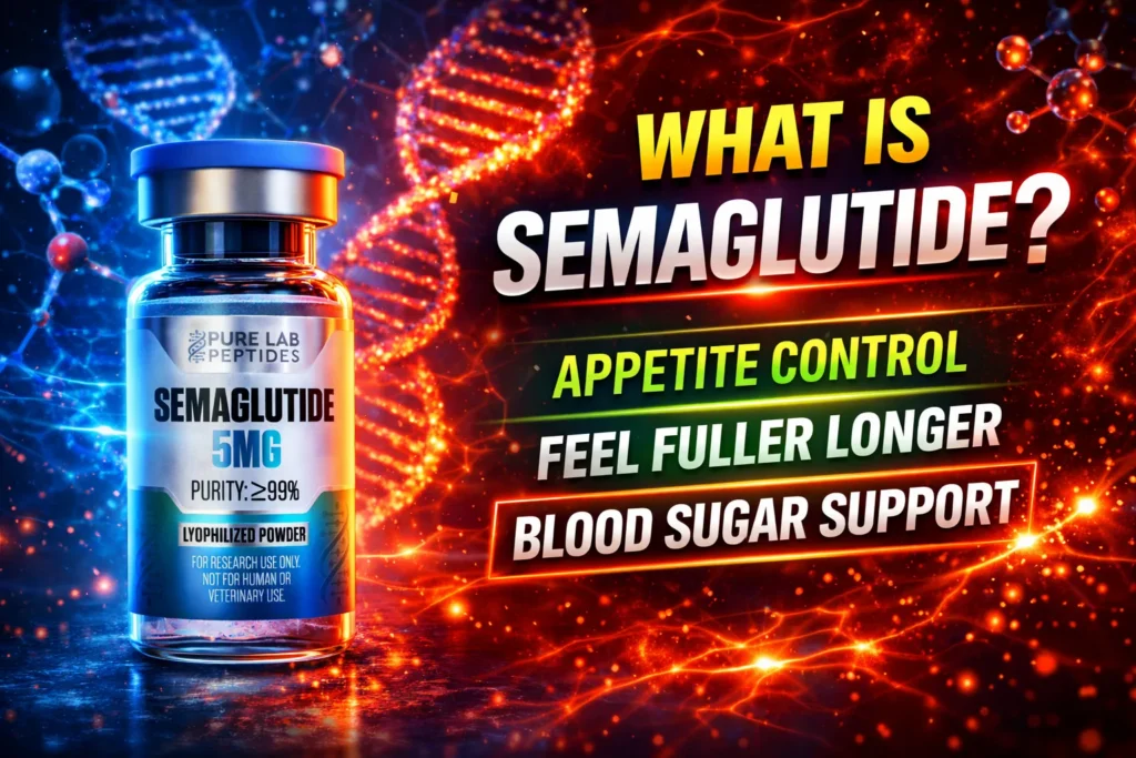 Semaglutide research peptide vial with dosage and benefit information