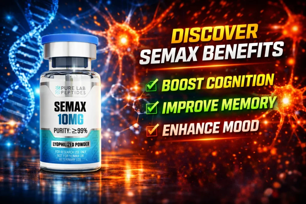 Semax research peptide vial with dosage and benefit information