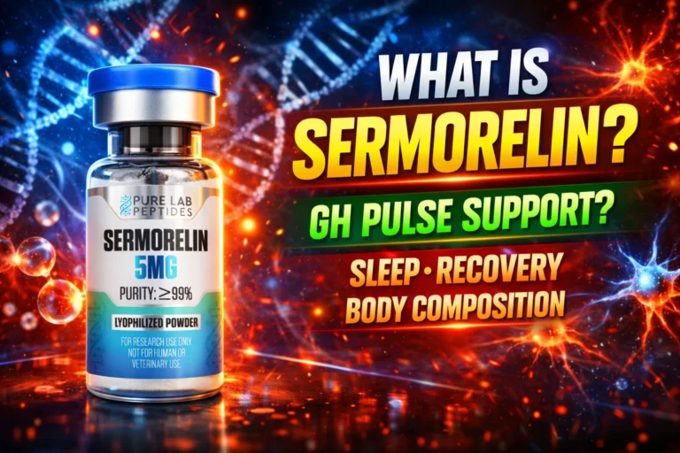 Sermorelin research peptide vial with dosage and benefit information