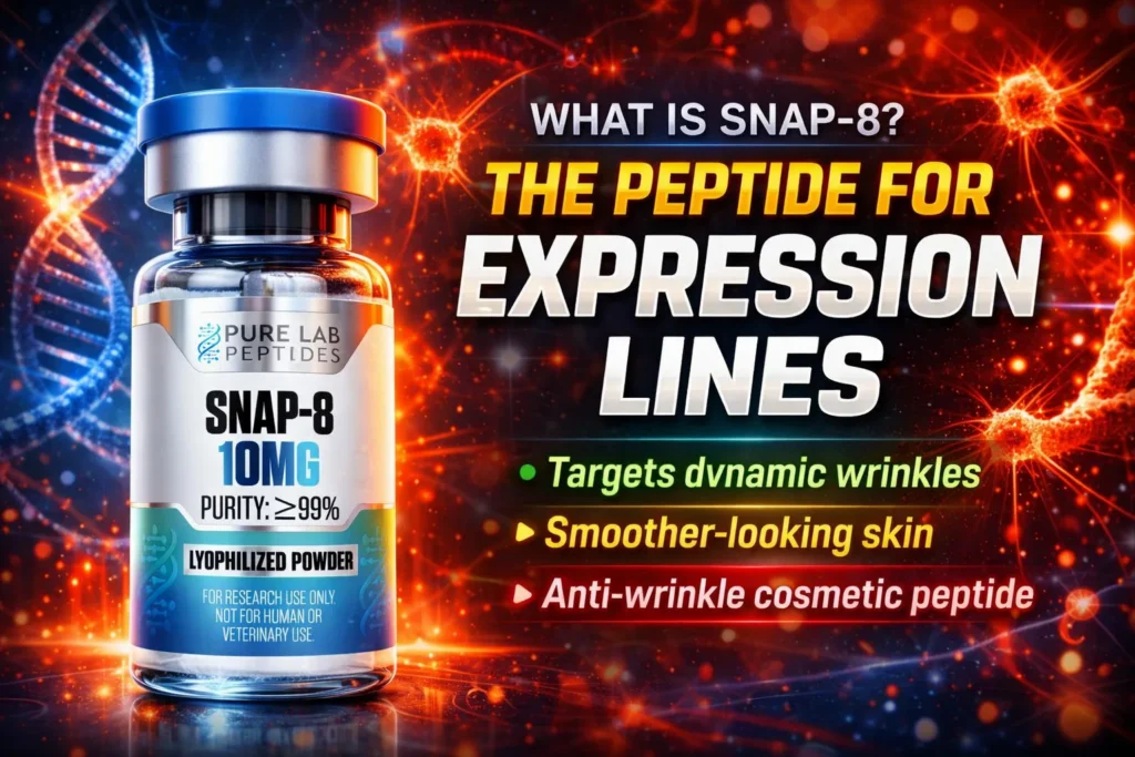 Snap-8 research peptide vial with dosage and benefit information